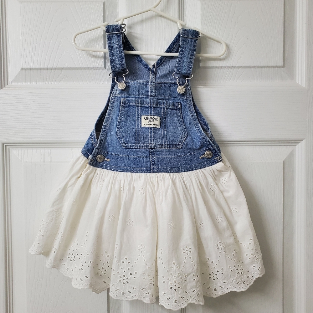 OshKosh B'gosh Denim and White Eyelet Dress Jumper Girls 24 Months